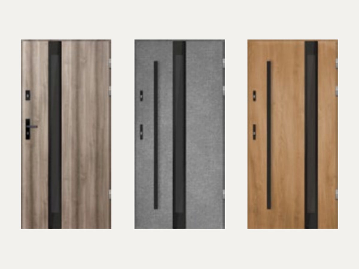 Three Valdes entrance doors in oak, grey and golden oak finishes