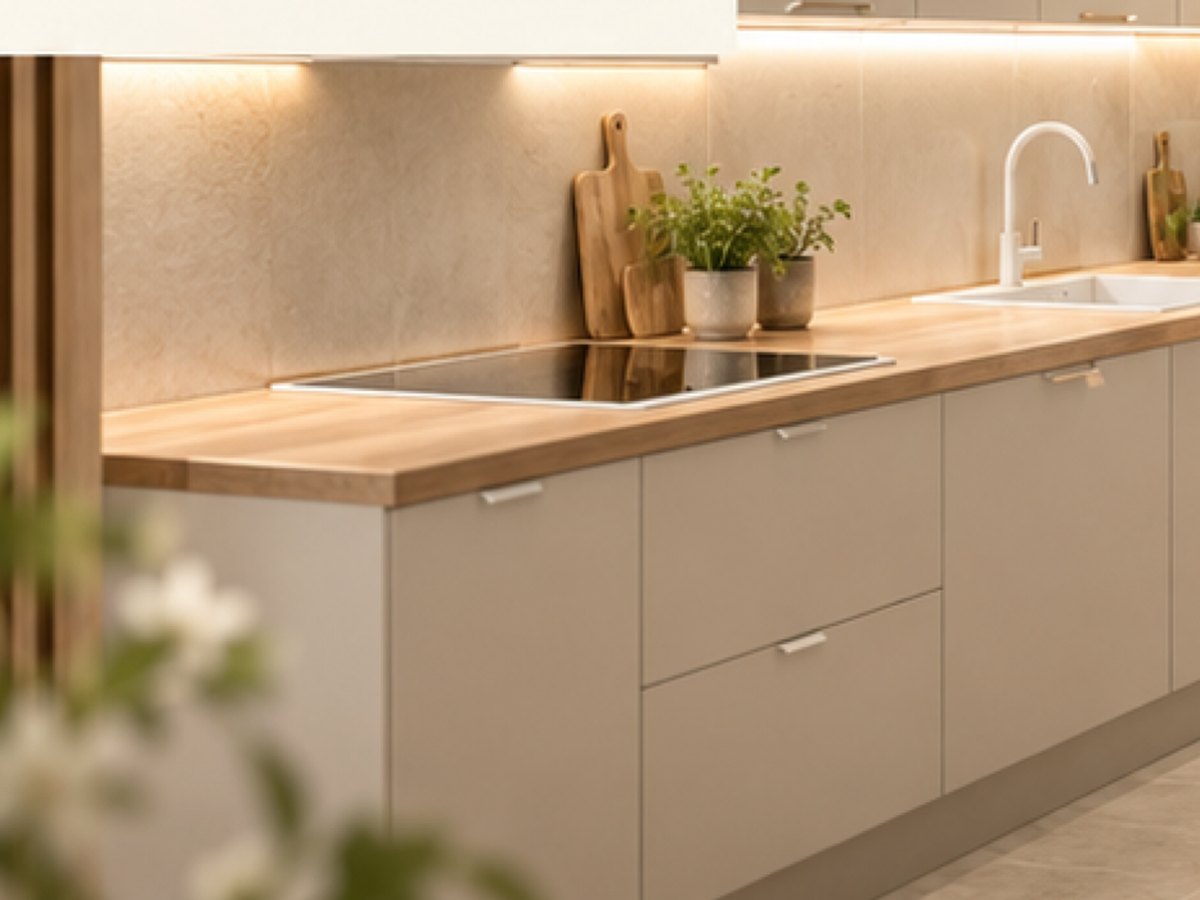 A warm cream and oak kitchen with a wood worktop from the LUMA PRIME Kitchen Collection